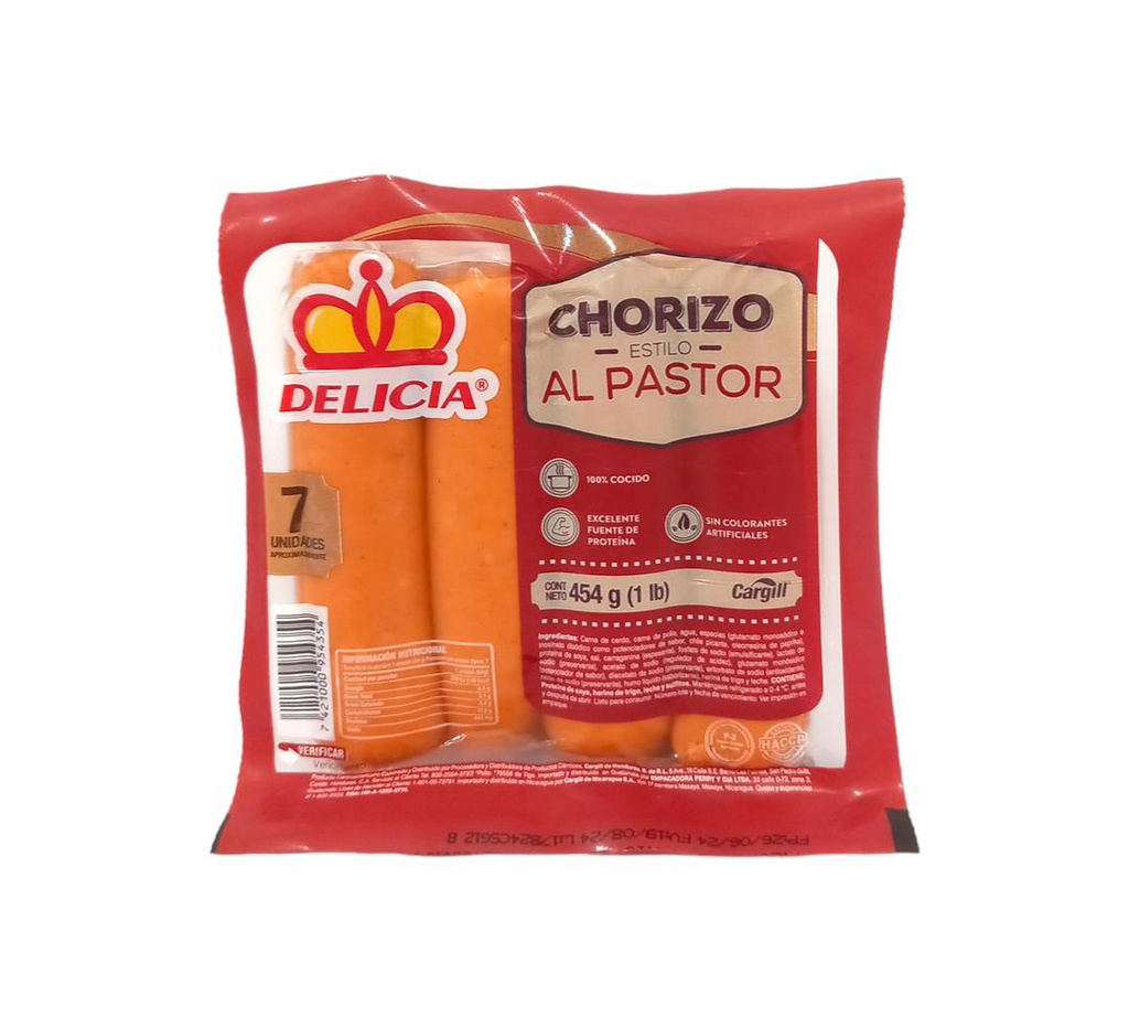 CHORIZO AL PASTOR 454G DELICIA